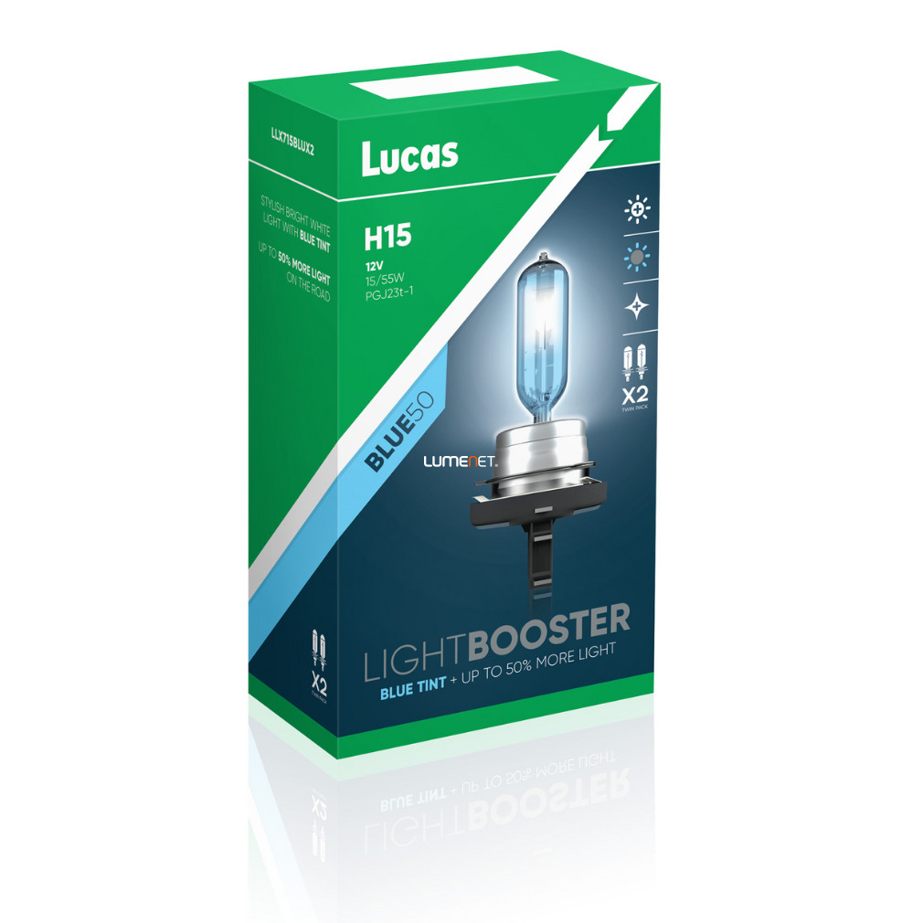 Lucas LightBooster Blue H15 autóizzó 12V 15/55W, +50%, 2db/csomag