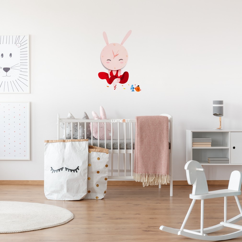 Nyuszi fali LED óra gyerekszobába, matricával, rózsaszín-piros színű (Bunny)