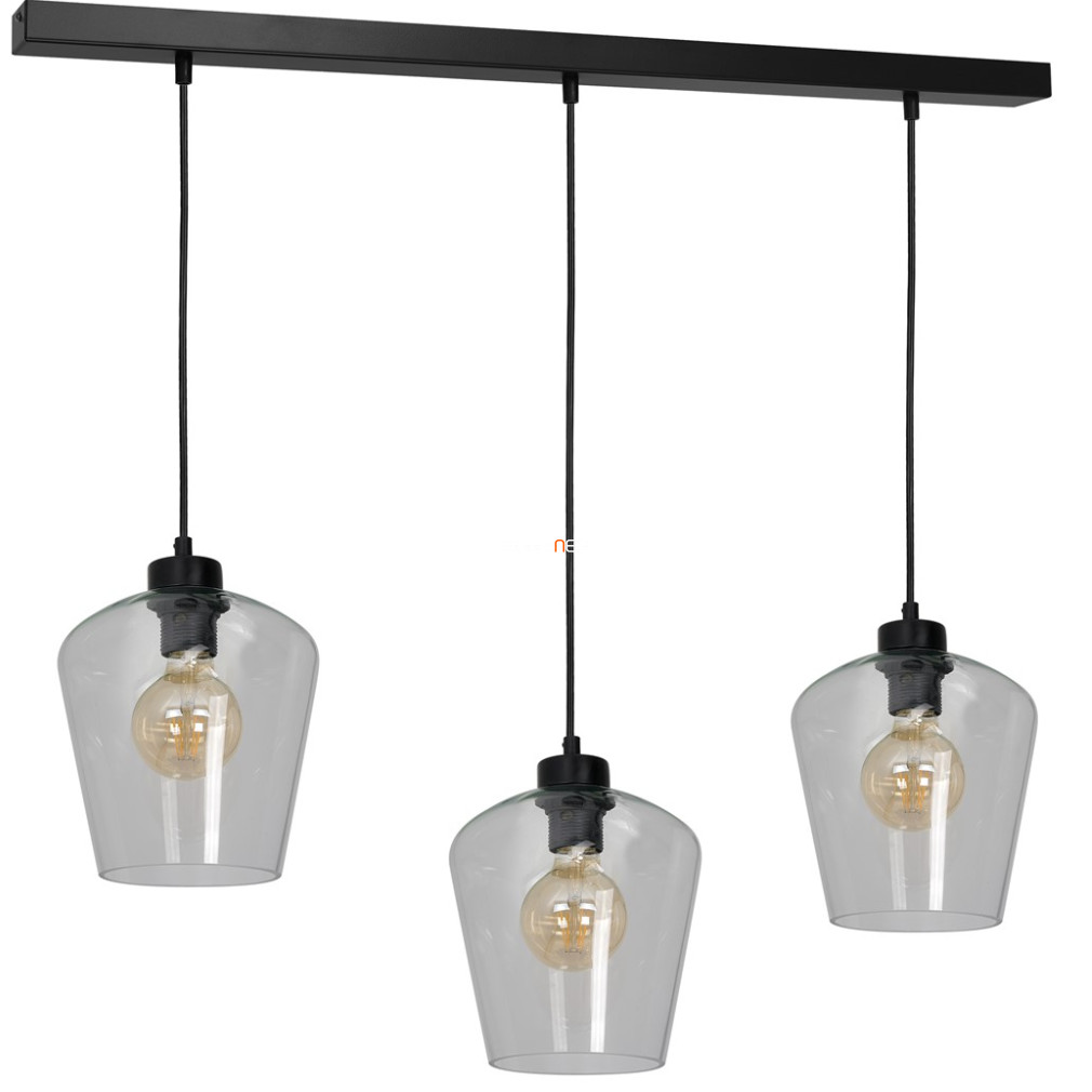 Függesztett lámpa három foglalattal, 60x18 cm, fekete-áttetsző színű (Santiago)