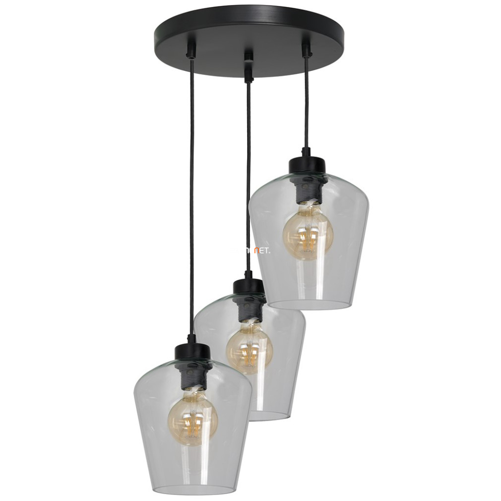 Függesztett lámpa három foglalattal, 30 cm, fekete-áttetsző színű (Santiago)