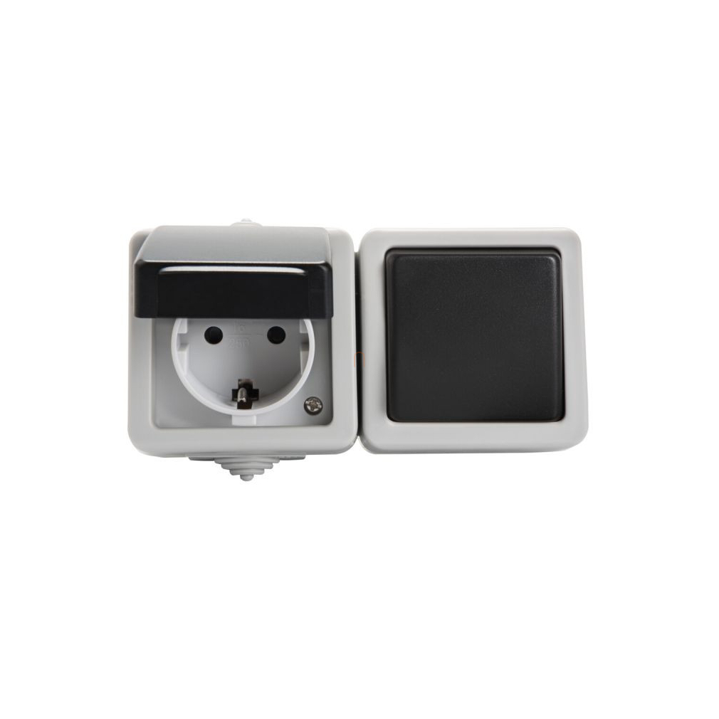 TEKNO 05-3128-143 egypólusú kapcsoló + dugalj 2+F vízszintes fekete IP54 27132 Kanlux