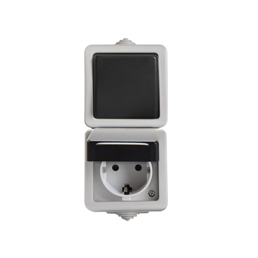 TEKNO 05-3129-143 egypólusú kapcsoló + dugalj 2+F függőleges fekete IP54 27135 Kanlux