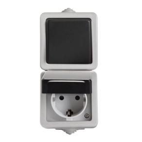   TEKNO 05-3129-143 egypólusú kapcsoló + dugalj 2+F függőleges fekete IP54 27135 Kanlux