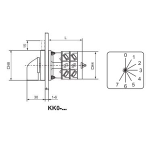   Ganz KK0-20-3800 E1F1 Fokozatkapcsoló, fogantyús kézikapcsoló 20A, 0+7 fokozatú IP44, 1P, KK1 előlapjával és KK1 fogantyújával