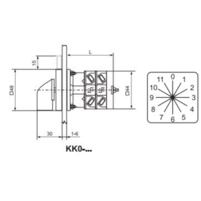   Ganz KK0-20-3C00 E1F1D Fokozatkapcsoló, fogantyús kézikapcsoló 20A, 0+11 fokozatú IP44, 1P, KK1 előlapjával és KK1 fogantyújával, mellső és hátsó felerősítés