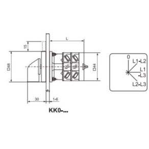   Ganz KK0-20-4033 Voltmérő átkapcsoló, fogantyús kézikapcsoló 20A, 3 vonali feszültségre IP44