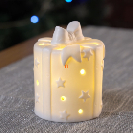   Karácsonyi világító kerámia ajándék doboz masnival 9,6cm