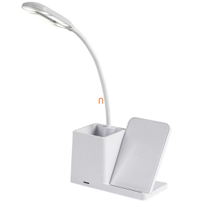   Szabályozható asztali LED lámpa telefontöltő funkcióval, tolltartóval, fehér 30 cm - Cerie Rábalux 74233, érintőkapcsoló, Qi vezeték nélküli töltés, micro USB, 3000-4000-6500 K, 200 lm, 4 W, 5 V