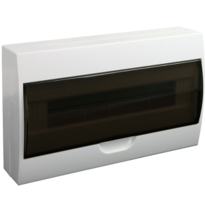   Tracon kiselosztó falonkívüli 1 soros, 18 modulos füstszínű ajtóval IP40 PE/N sínnel EDFK-18/1