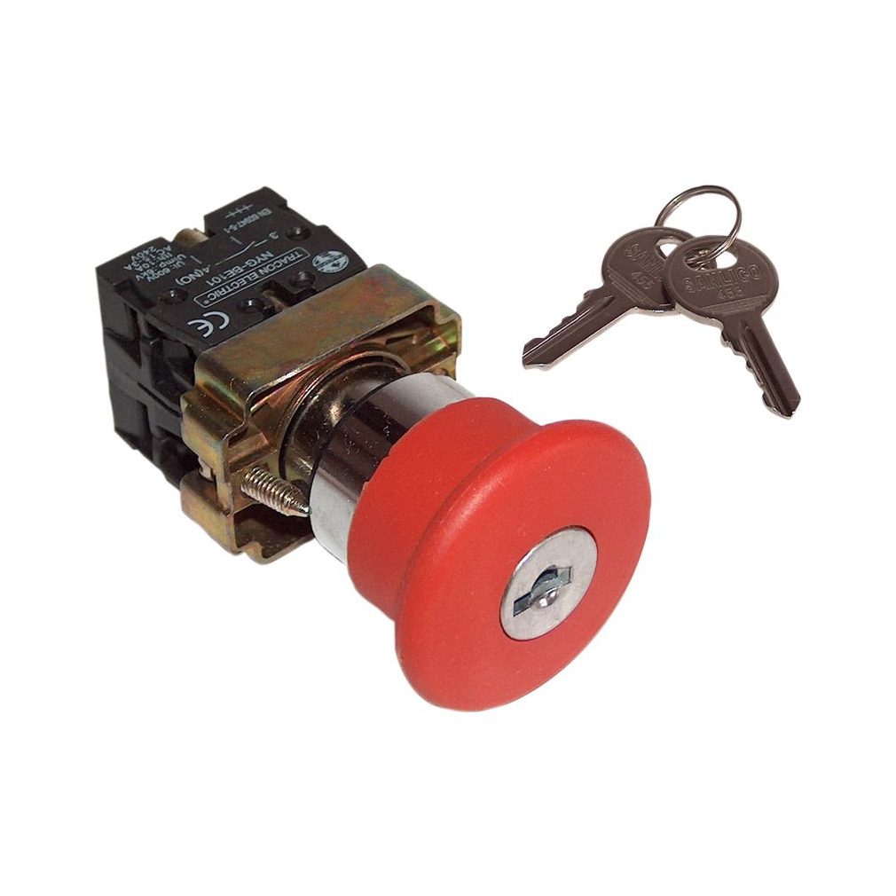 Tracon Reteszelt gombafejű vészgomb piros, kulcsos 40mm 1NY 400V/3A IP42 NYGBS142P