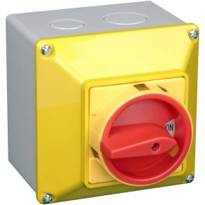   Tracon főkapcsoló, lakatolható, tokozott sárga fedéllel, 400V, 20A, 4P, 5,5kW, 48×48mm IP65 - TKFL-20T65S
