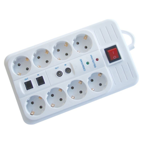   Hálózati elosztó 8db aljzat 3fm vezetékkel, kapcsolóval, túlfeszültség- túláram védelemmel+koax+telefon aljzattal 16A, 3680W HNKTM8-3M-KT Tracon