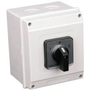   Tracon választókapcsoló, tokozott 1-0-2 400V, 50Hz, 20A, 2×4P, 5,5kW, 48×48mm, 60°, IP65 - TKV-206/4T65