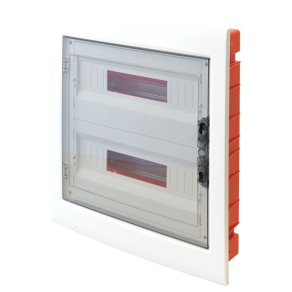   Kiselosztó süllyesztett 2soros, 36 modulos átlátszó ajtóval IP40 sín nélkül, sík ajtóval EDSS-18/2 Tracon