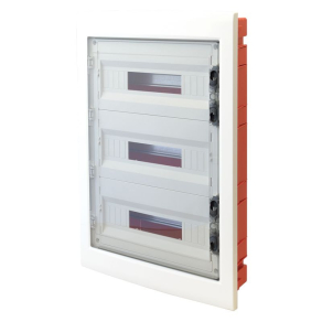   Kiselosztó süllyesztett 3soros, 54 modulos átlátszó ajtóval IP40 sín nélkül, sík ajtóval EDSS-18/3 Tracon