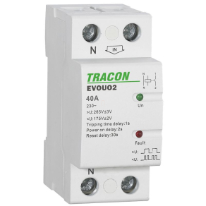   Aut. visszakapcsoló fesz. növekedési/csökkenési relé EVOUO2 AC230V,2P,40AU>:265V,U<:175V, Uon:2s, Trip:1s, Res:30s Tracon