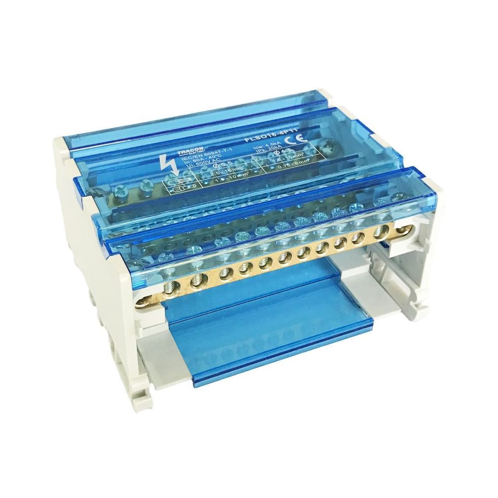 Tracon moduláris elosztóblokk nyitható fedéllel 3×16(10) mm2 / 8×10(6) mm2 80A FLSO16-4P11
