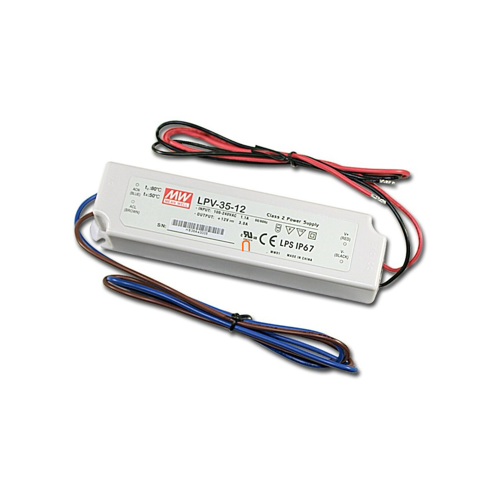 Egykimenetes Class 2 tápegység LED alkalmazásokhoz, LPV-35-12Vin: 90-264 VAC, Vout: 12 VDC (0-3A), P: 35W IP67 Mean Well