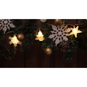   Karácsonyi LED lánc, hópehely, fa, csillag, időzítős, 10LED 2xAA, melegfehér fényű (az elem nem tartozék) - Tracon CHRSTSSTA10WW