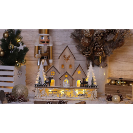   LED karácsonyi házikó tájképpel, fa, elemes,Timer 6+18h,9LED, 3000K, 2xAA CHRWH9WW Tracon