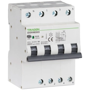   Kombinált védőkapcsoló, 4P, 4 modul, B karakterisztika 20A, 30mA, 10kA EVOK4B2003 Tracon