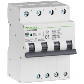   Kombinált védőkapcsoló, 4P, 4 modul, B karakterisztika 63A, 30mA, 10kA EVOK4B6303 Tracon