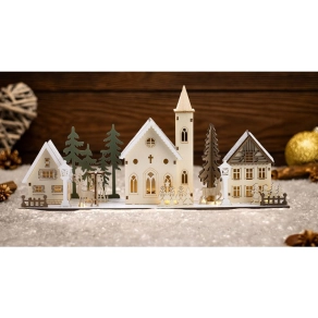   LED karácsonyi falu, fa, elemes Timer 6+18h, 10LED, 3000K, 2xAA CHRVILC10WW Tracon