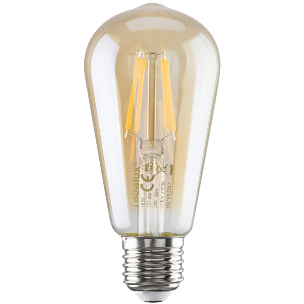 Borostyánszínű E27 filament LED 5,4 W, melegfehér