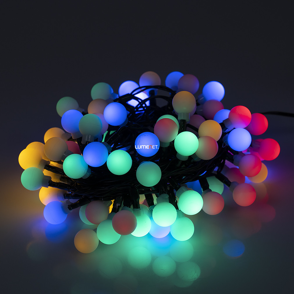 Beltéri színes gömb fényfüzér, 100 LED, adapterrel