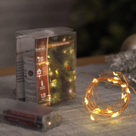   Micro LED fényfüzér, beltéri kivitel, 20 db melegfehér micro LED, 1,9 m füzérhossz, elemes