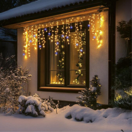   LED-es sziporkázó jégcsap fényfüggöny, kültéri, 600 db DOT LED (melegfehérek között villogó hidegfehérek)