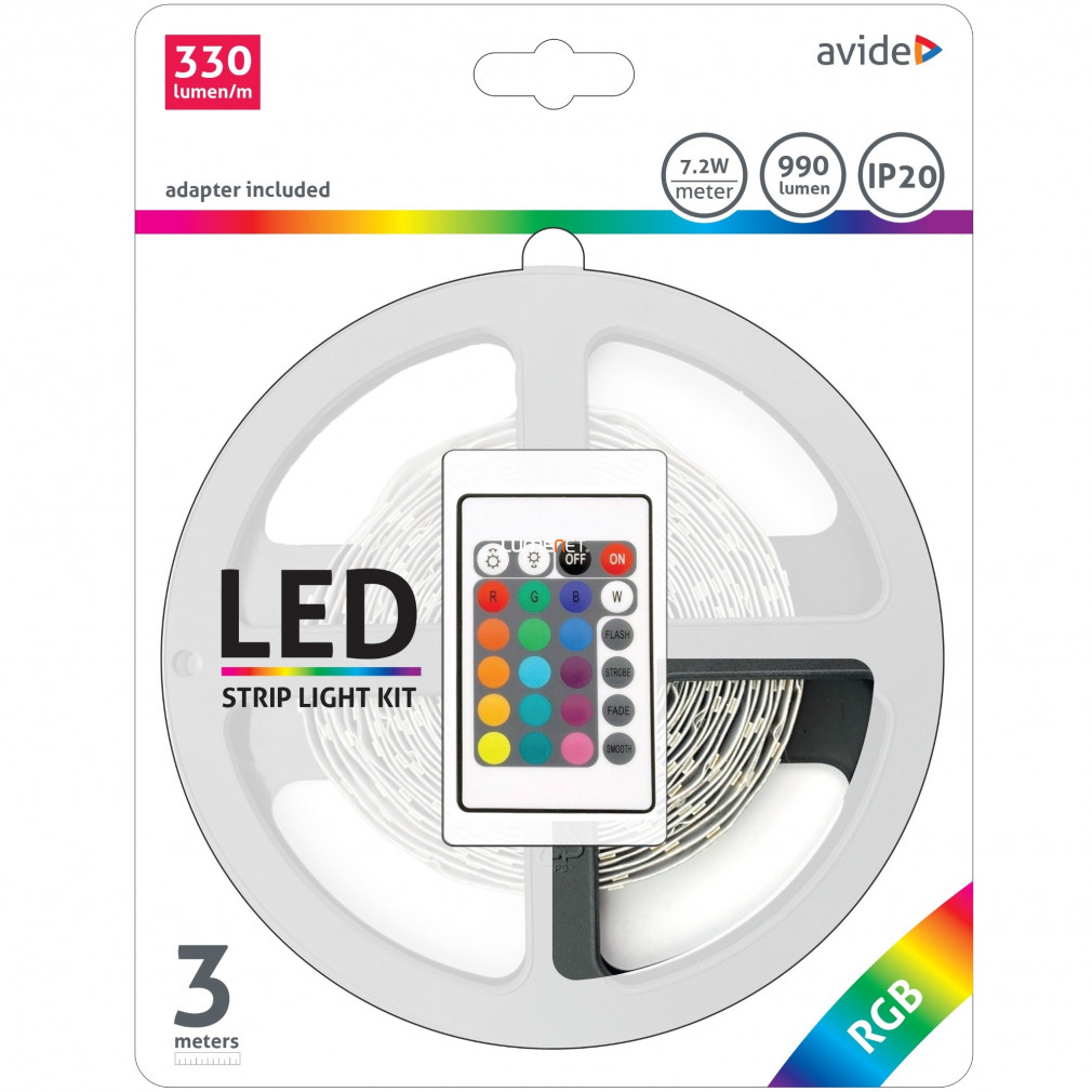 Avide beltéri színes RGB LED-szalag szett távirányítóval, 7,2W/m, 990lm,3méter