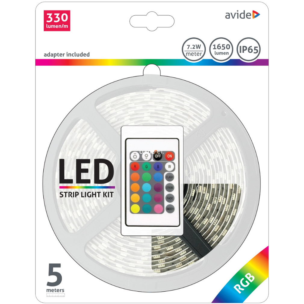 Avide kültéri-beltéri színes RGB LED szalag szett távirányítóval, 7,2W/m 1650lm IP65 5m