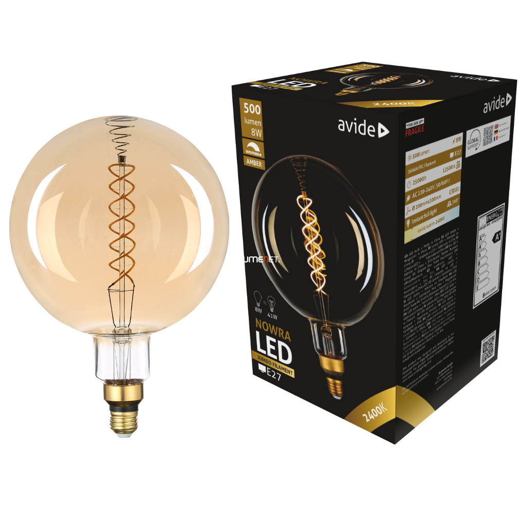 Avide Jumbo E27 óriásgömb filament LED 8W 2400K 500lm, szabályozható - Jumbo Avide ABLJFA-8W-NOW