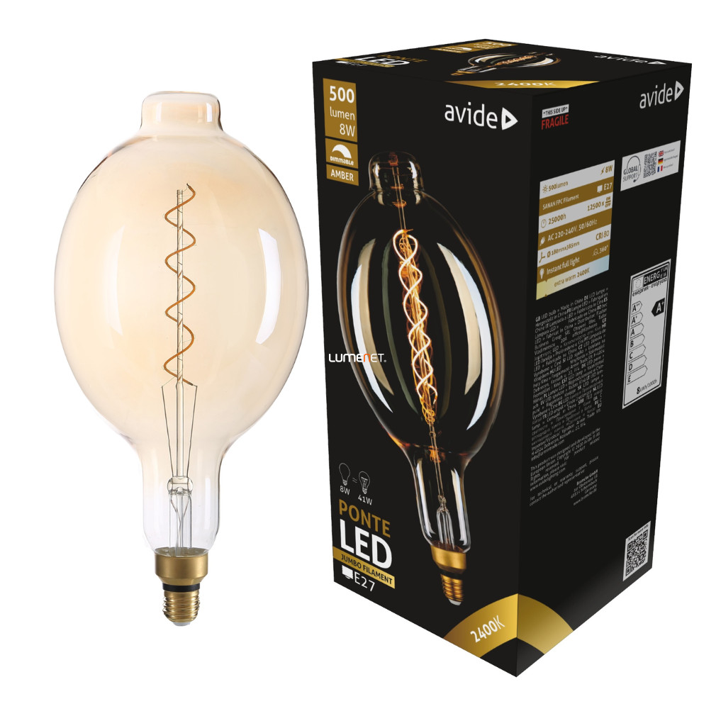 Avide Jumbo E27 ovális buborék filament LED 8W 2400K 500lm, szabályozható