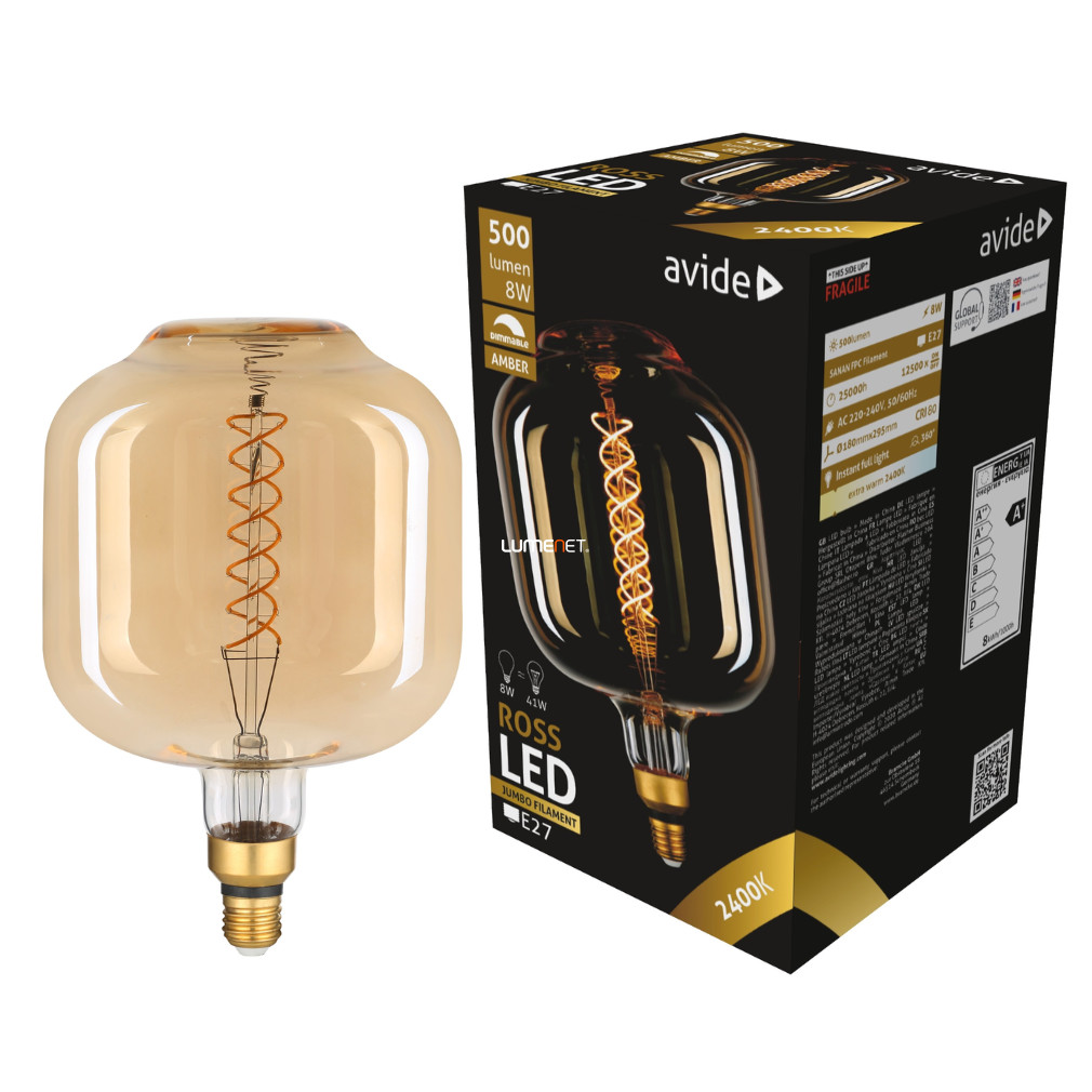 Avide Jumbo E27 palack filament LED 8W 2400K 500lm, szabályozható