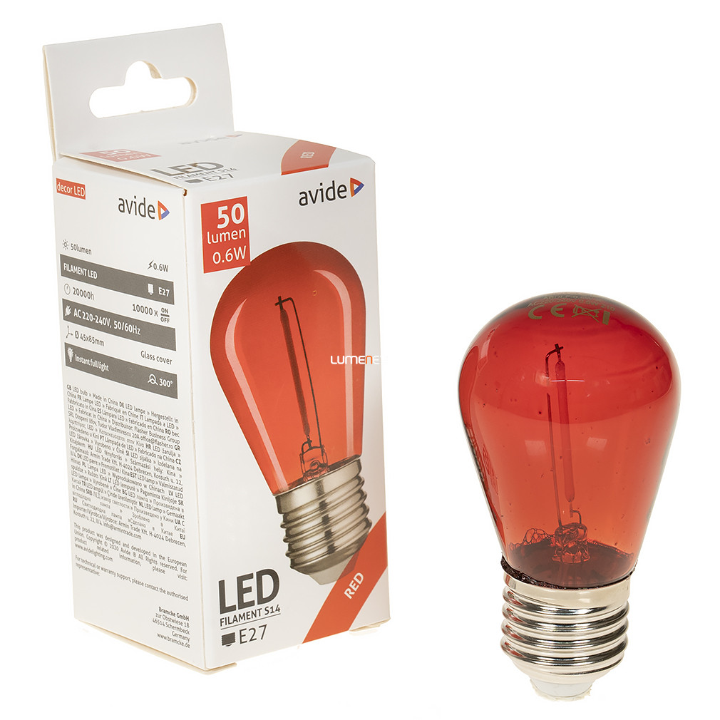 Avide E27 LED Dekor 1W 50lm piros 300° filament