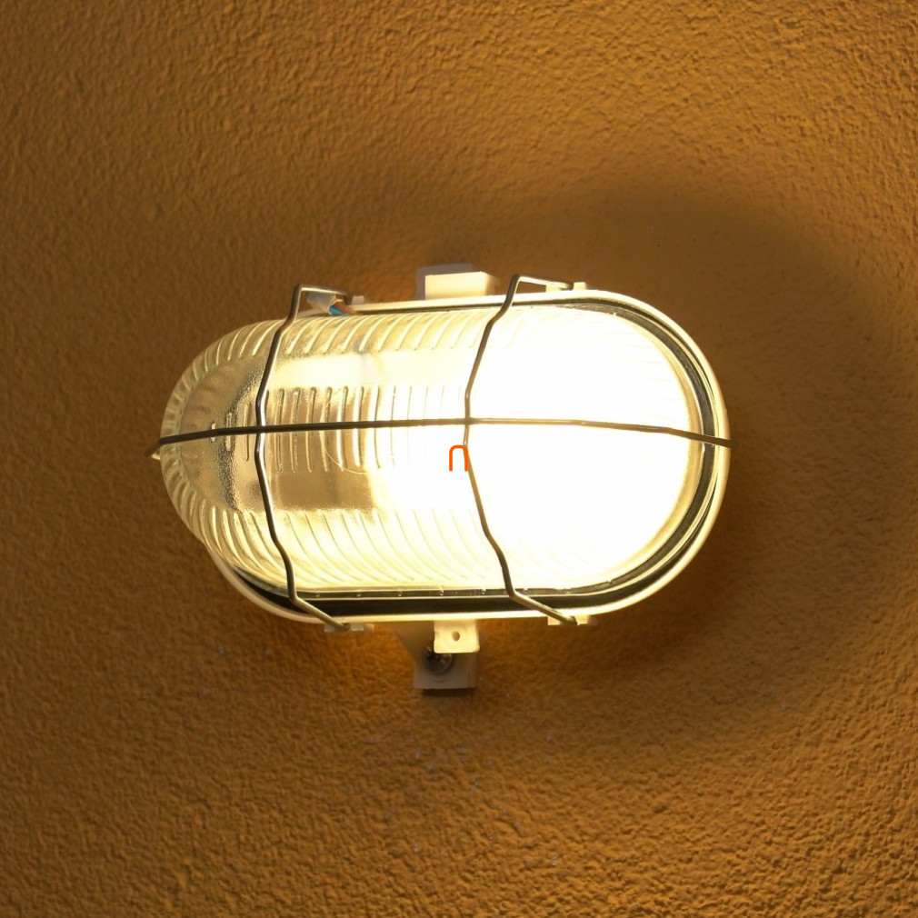 Hajólámpa 60W E27 ovális, fém rácsos, fehér alj, E27 porcelán foglalattal IP44 - deLux DEL368