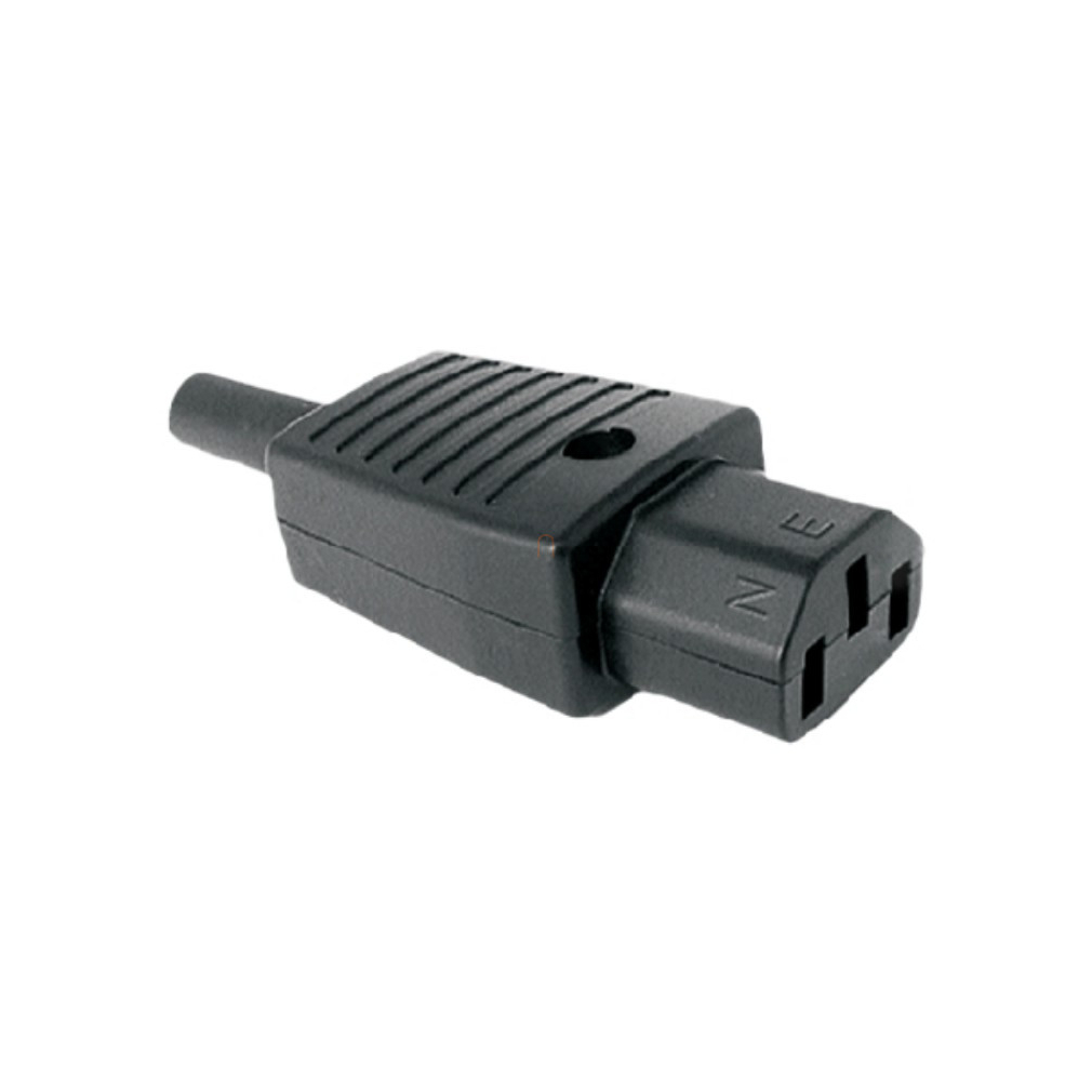 Számítógép tápkábel lengő csatlakozó, szerelhető, anya, törésgátlóval, 10A/250V, IEC C13 05234