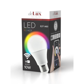   LED körte 10W E27 806lm fényforrás 270fok Ra80 230V RGBW+CCT, Smart Wi-fi szabályozható fényerő dxh=60x120mm DEL1629 deLux