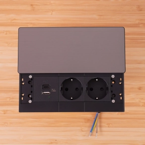   Bútorlapba süllyeszthető, rejtett hálózati elosztó, 2 db aljzattal, USB-A és USB-C csatlakozóval, max. 3680 W terhelhetőséggel