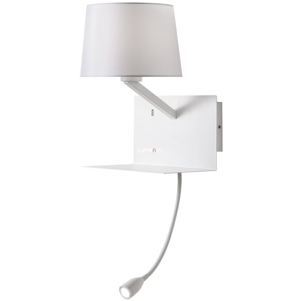 Fali lámpa polccal, LED olvasókarral, USB töltővel, fehér színű (Tomo)