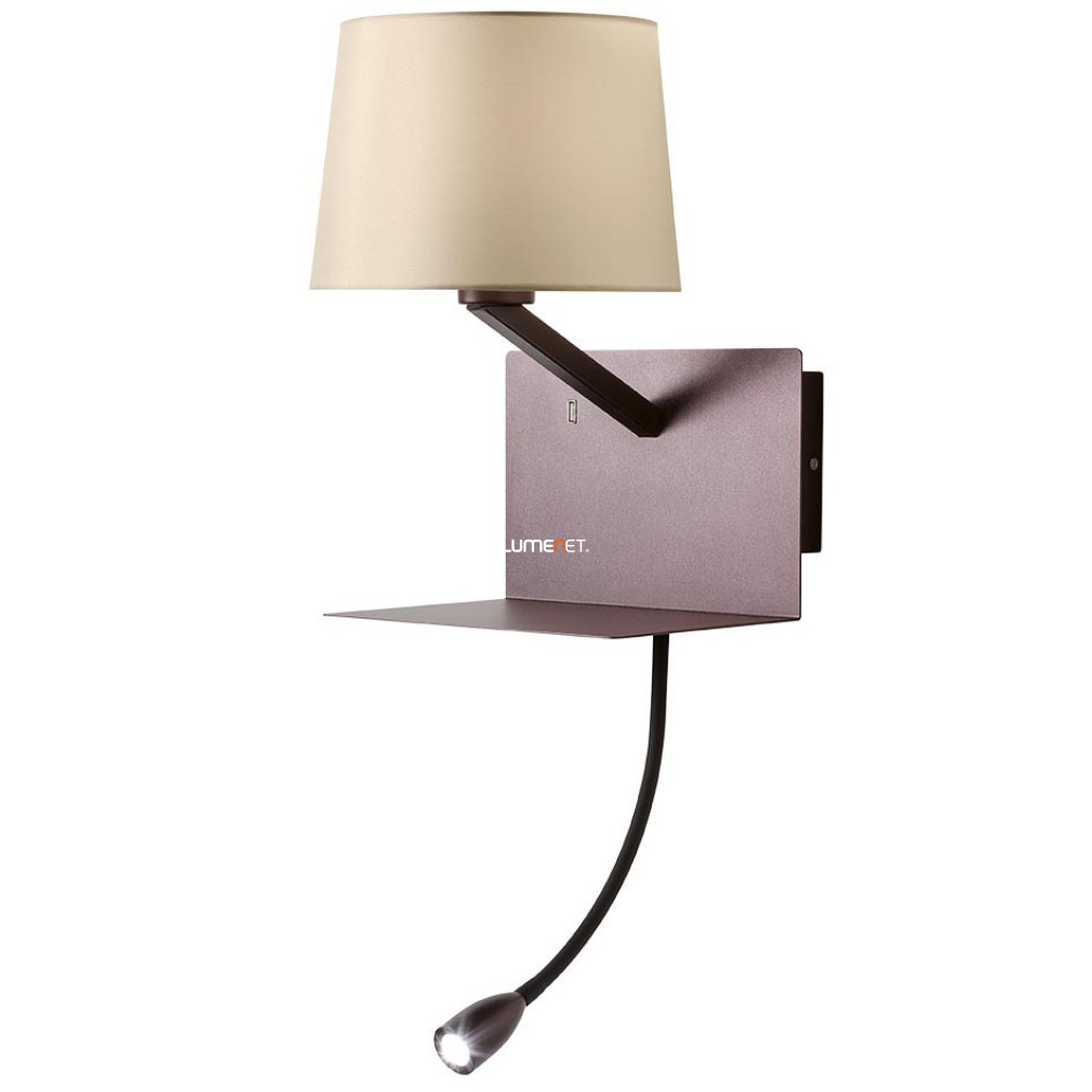 Fali lámpa polccal, LED olvasókarral, USB töltővel, kávébarna színű (Tomo)