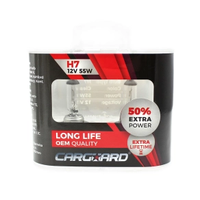   Carguard BHA014 H7 halogén izzó, 12V, 55W, +50%, Long Life, halogén, 2 darabos, 2 db/csomag, gépjárművek fényszórójának cserélhető fényforrásaként