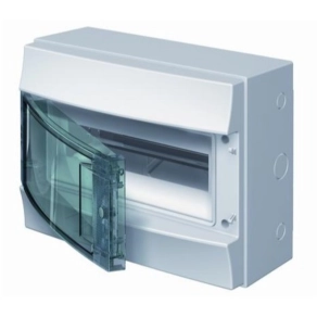   Kiselosztó falonkívüli 1soros, 12 modulos átlátszó ajtóval IP65 sín nélkül ABB Mistral65 1SL1202A00