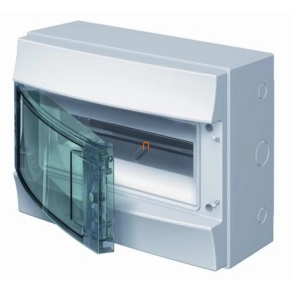   Kiselosztó falonkívüli 1soros, 12 modulos átlátszó ajtóval IP65 PE/N sínnel ABB Mistral65 1SLM006501A1202