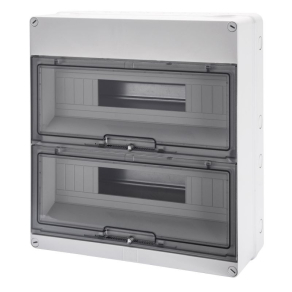   Gewiss kiselosztó falonkívüli 2soros, 36 modulos átlátszó ajtóval IP55 sín nélkül, 1000V DC, UV-álló GW40009