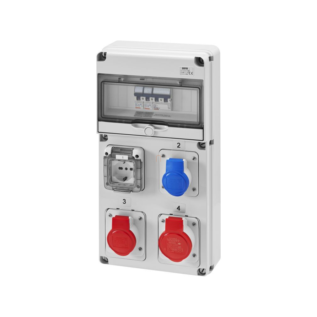 GW Kombinált ipari elosztódoboz fk. 10 mod.+ 3 IEC 309-1 IT/DE vezetékelt aljzat IP44 GW68228N