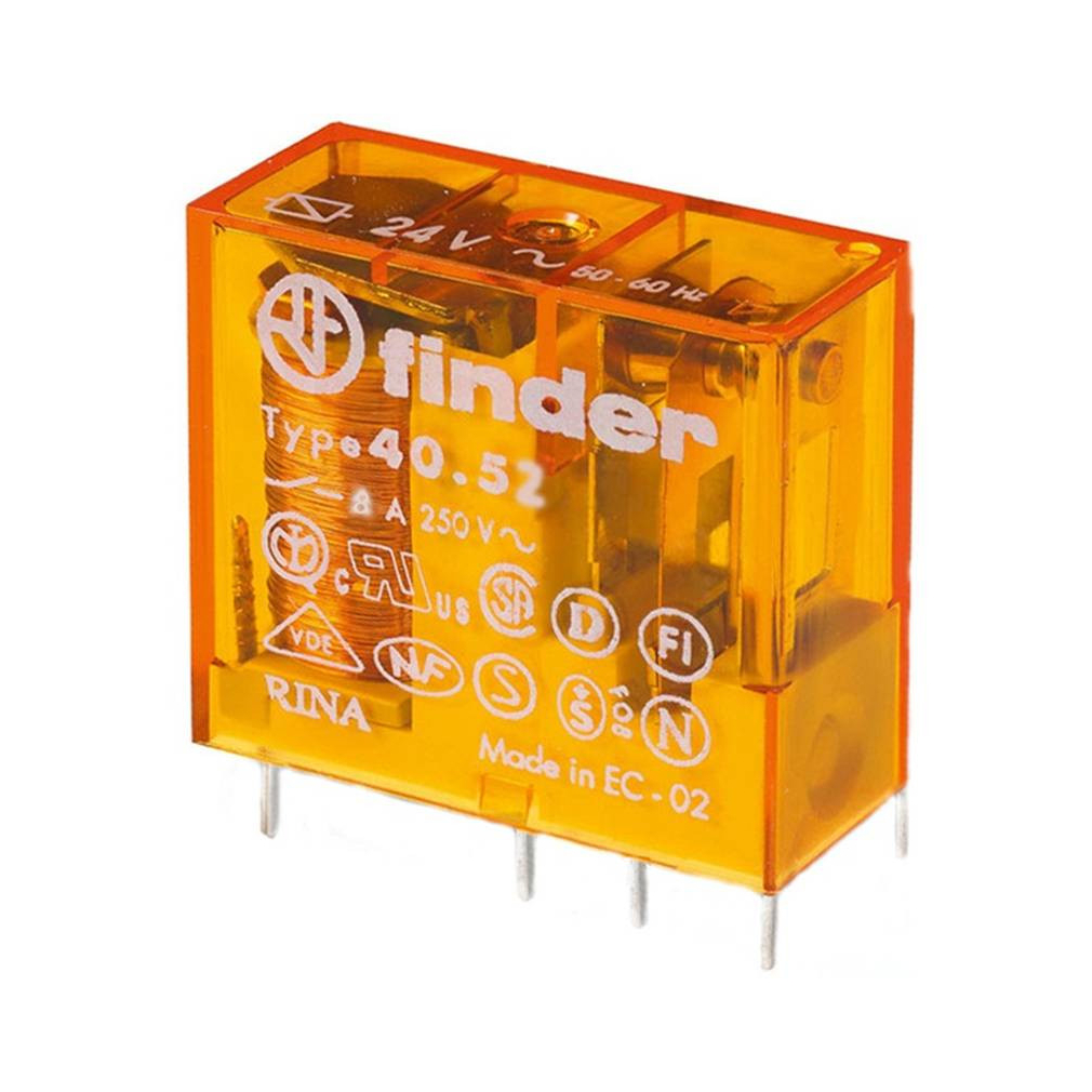 Finder relé 2CO(váltó) 8A 24V AC, 5mm lábkiosztás, NYÁK-ba vagy foglalatba 40.52.8.024