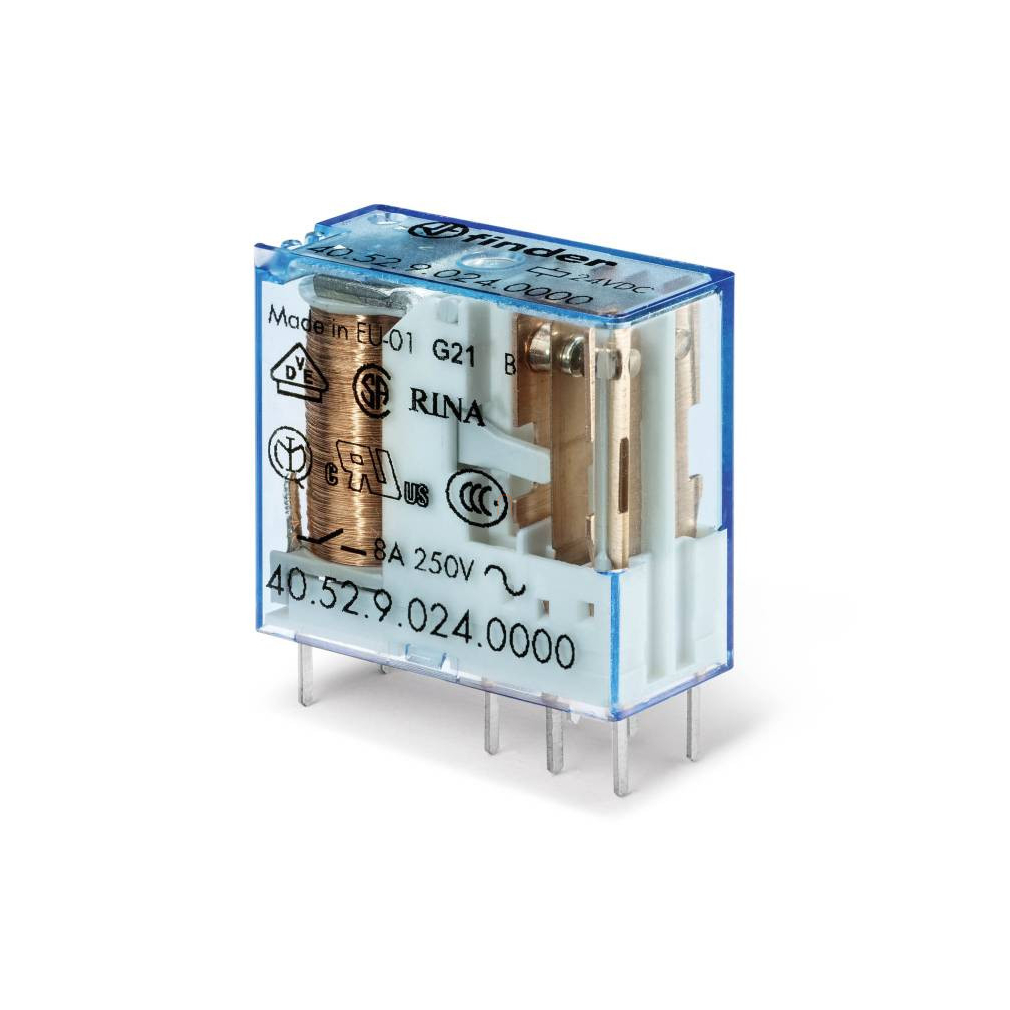 FINDER 40.52.9.024 relé 2CO(váltó) 8A 24V DC, 5mm lábkiosztás NYÁK-ba vagy foglalatba
